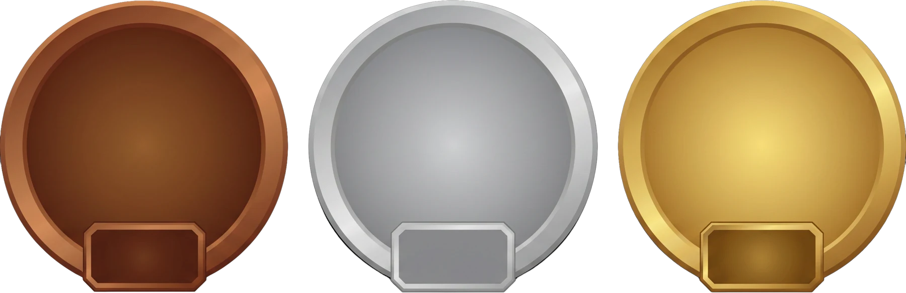 Three empty medal frames in bronze, silver and gold, standing in for low, medium and high volatility