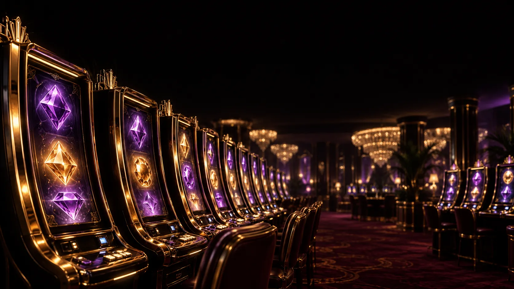 Row of glowing slot cabinets lit up in a dim casino hall