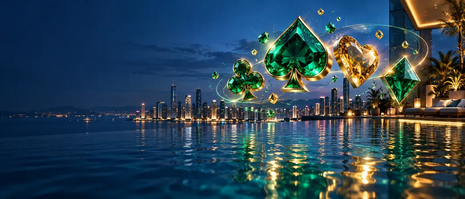 A cascade of glowing gem symbols above a rooftop infinity pool at night