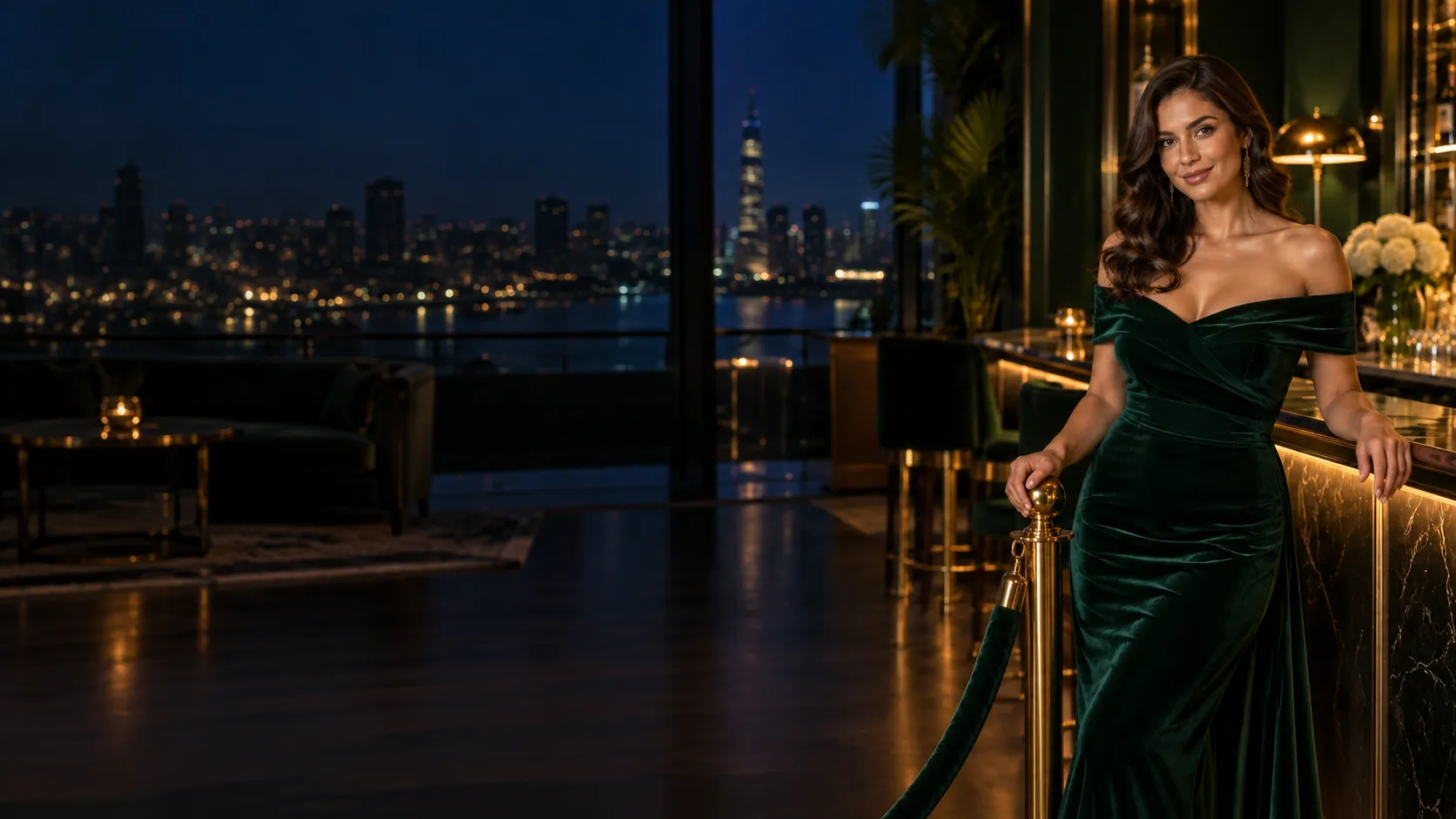 Woman beside a velvet rope at a private members bar