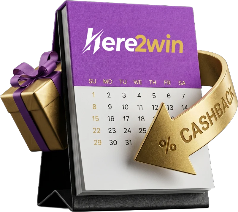 Purple desktop calendar marking Here2Win Casino's weekly reload days