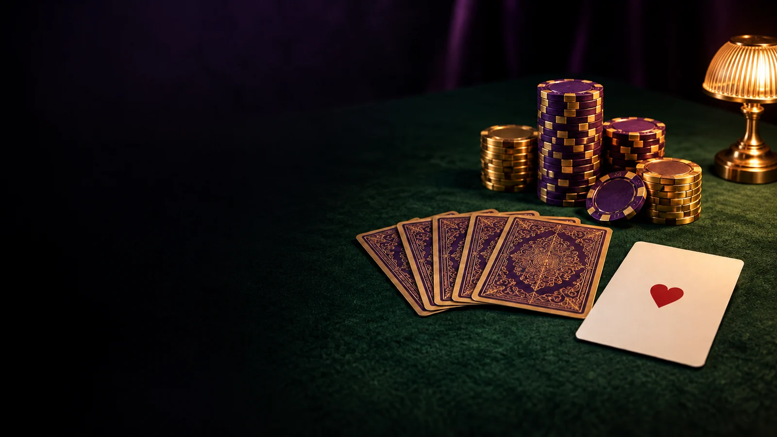 Casino chips and fanned playing cards laid out on green felt