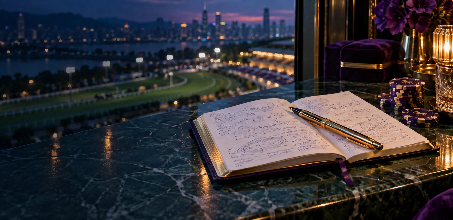 An open notebook with handwritten notes on a marble ledge in a VIP box