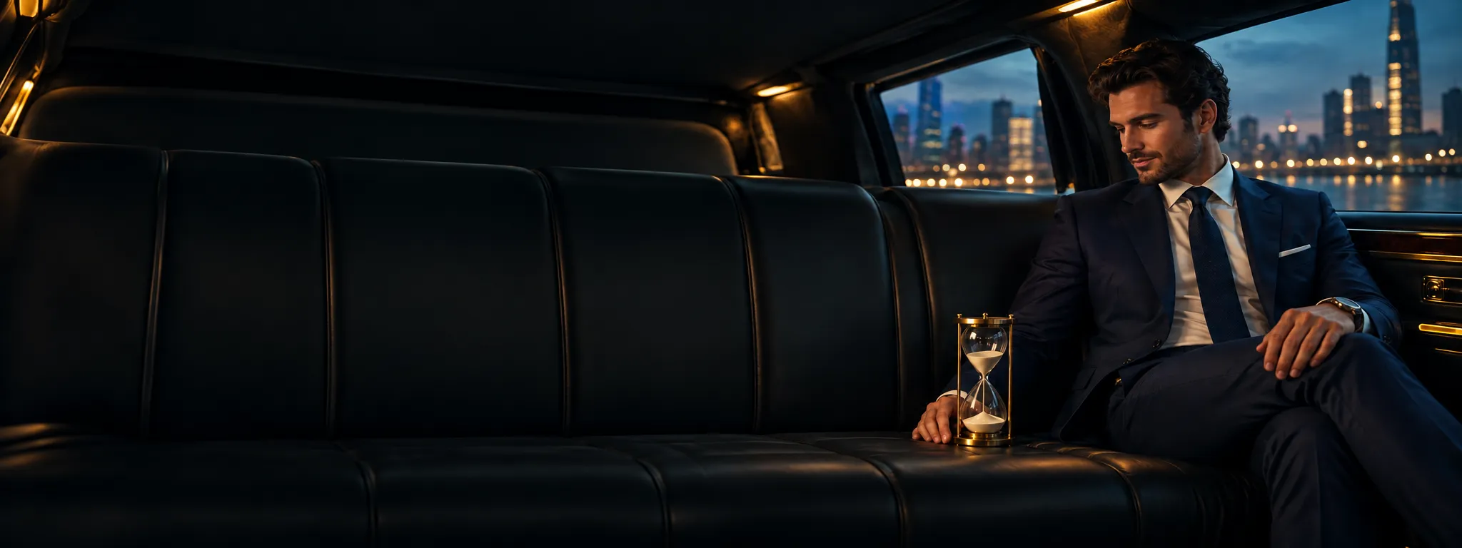 Man calmly watching an hourglass in the back seat of a limousine