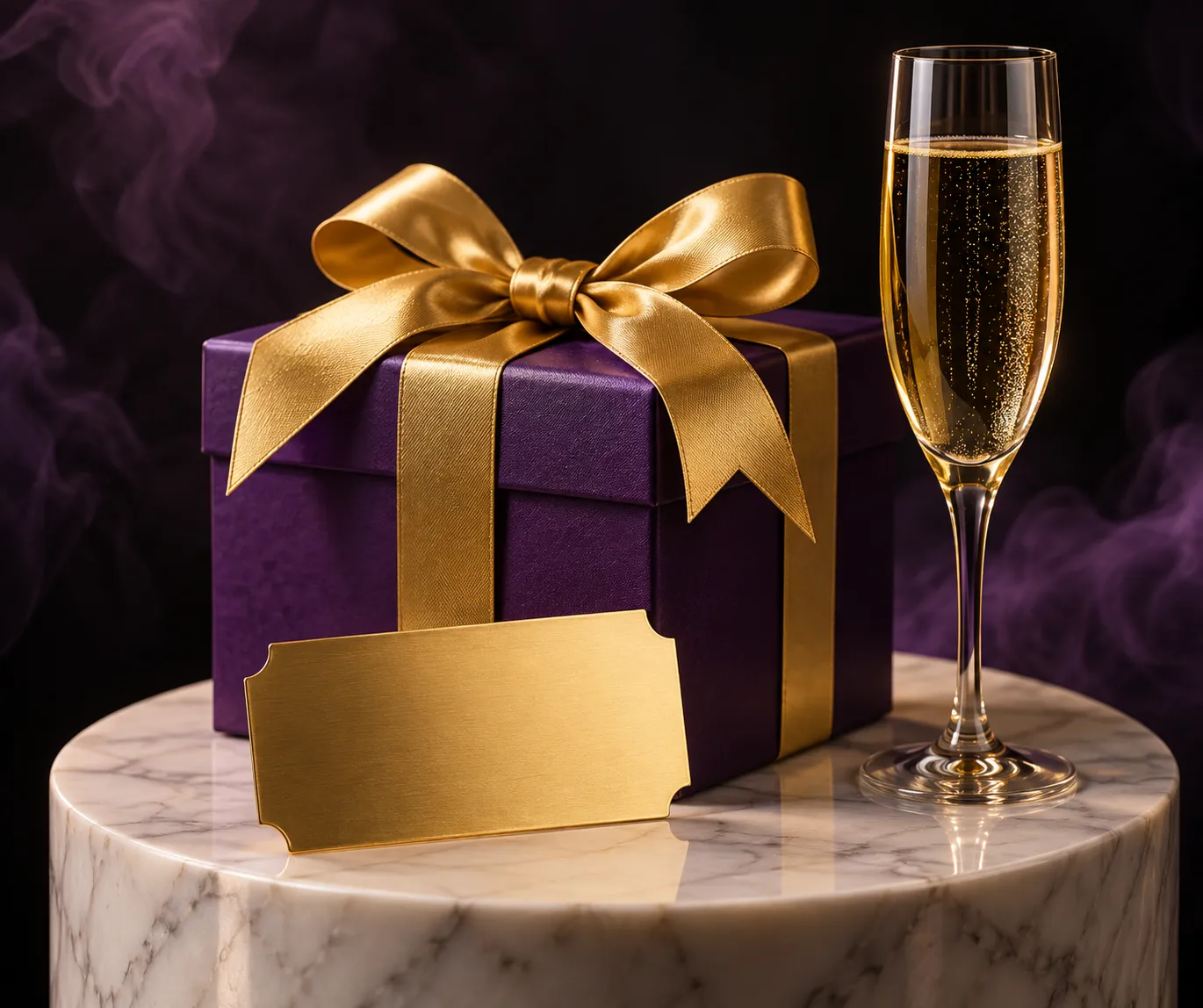 Gift box and entry ticket displayed on a pedestal, representing the four-tier welcome package
