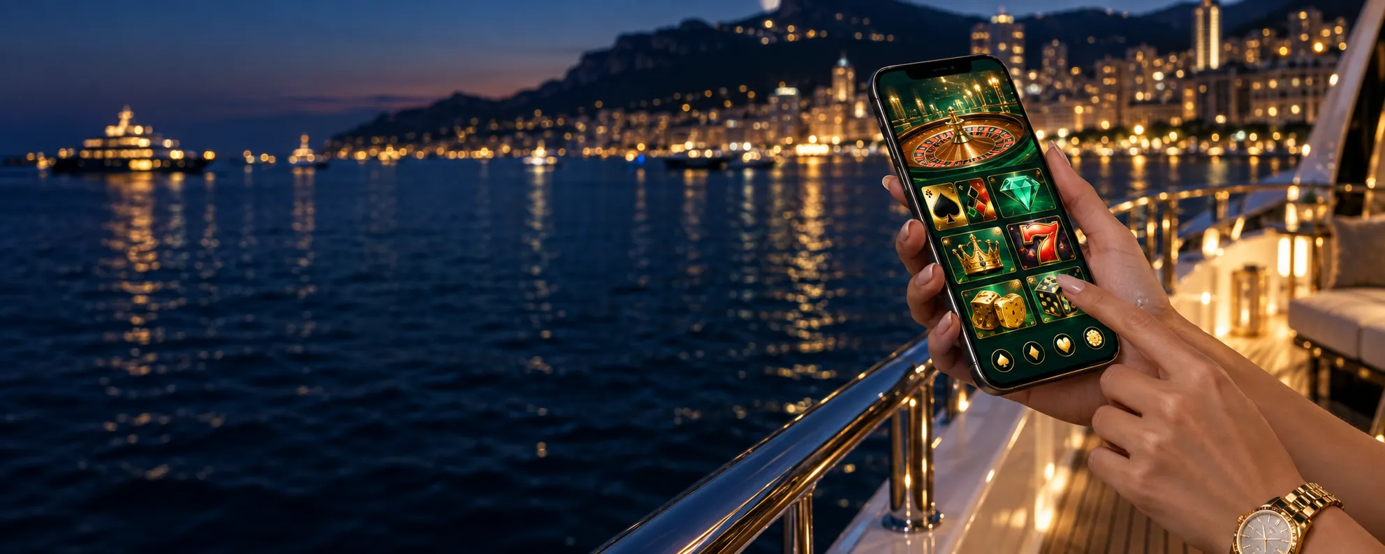 Hands holding a smartphone with a lit casino lobby screen on a yacht deck at night