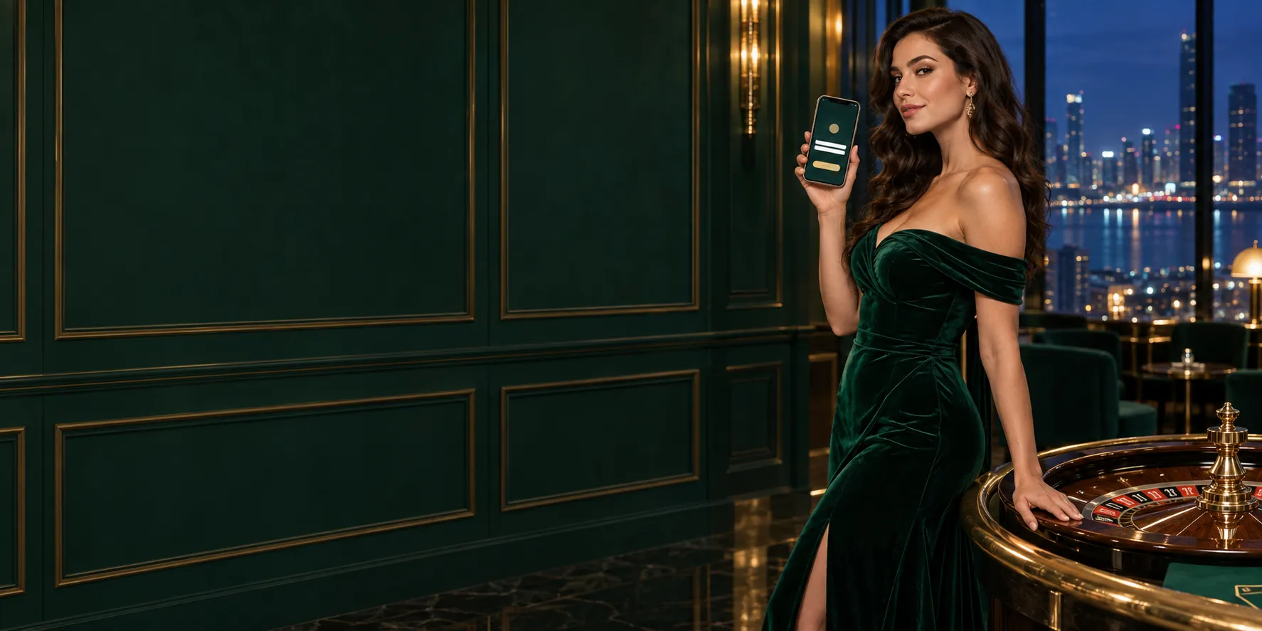 Woman holding a smartphone with a lit sign-in screen in a gilded roulette hall