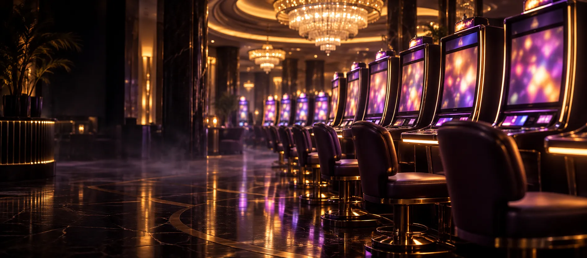 Atmospheric view along a row of lit slot machines