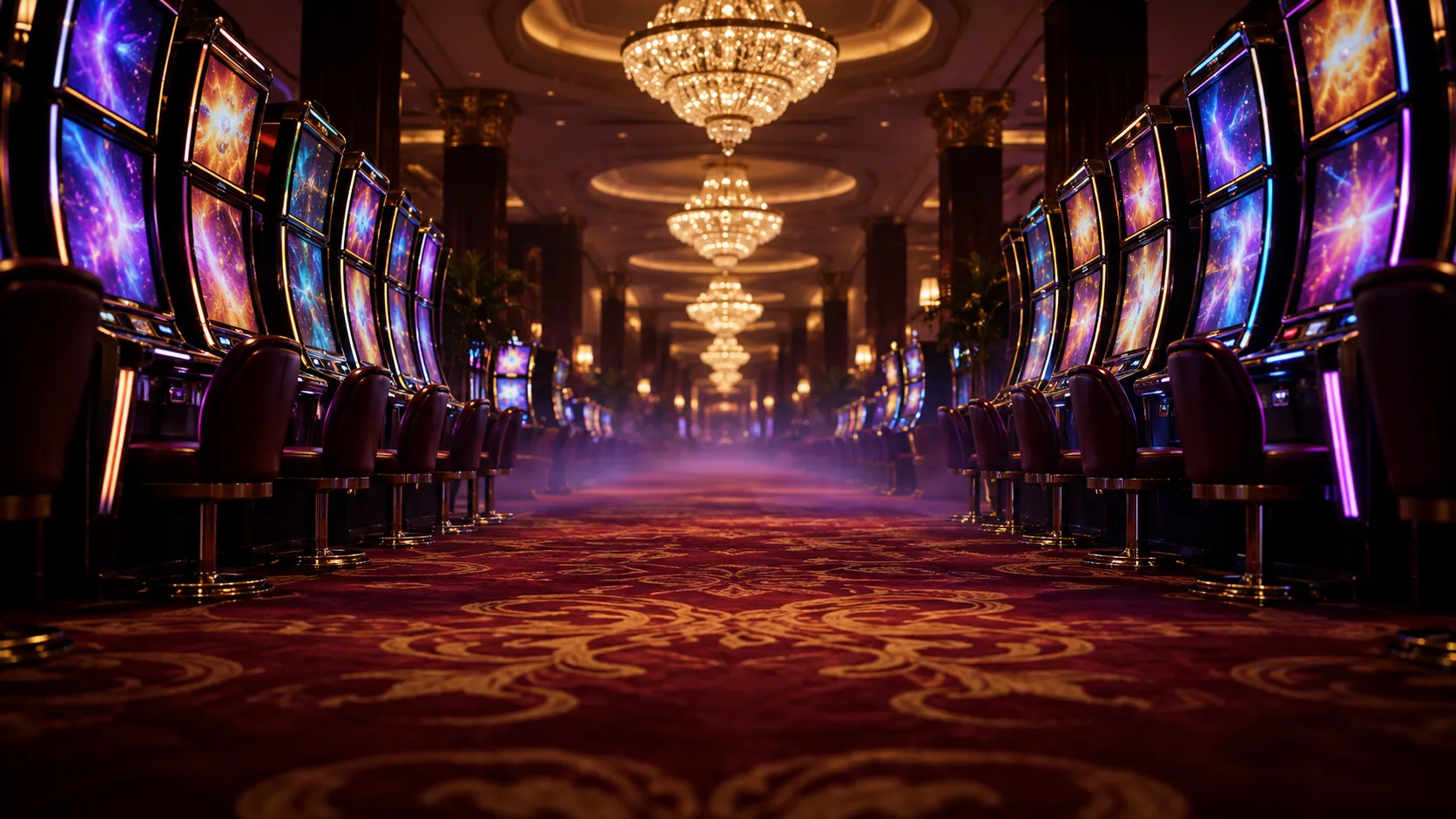 Empty luxury casino gaming hall with warm ambient lighting