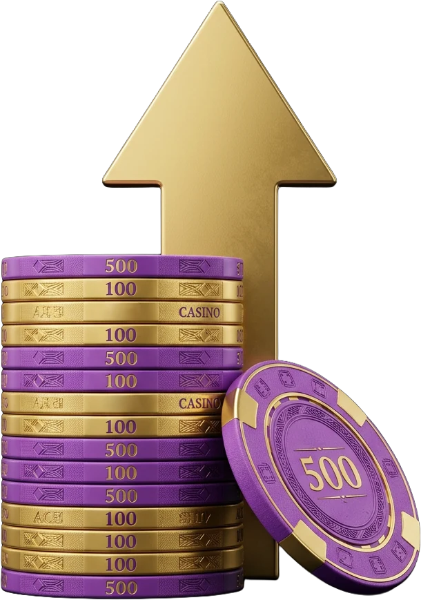Stack of purple-and-gold casino chips, a classic motif these retro-style reels echo
