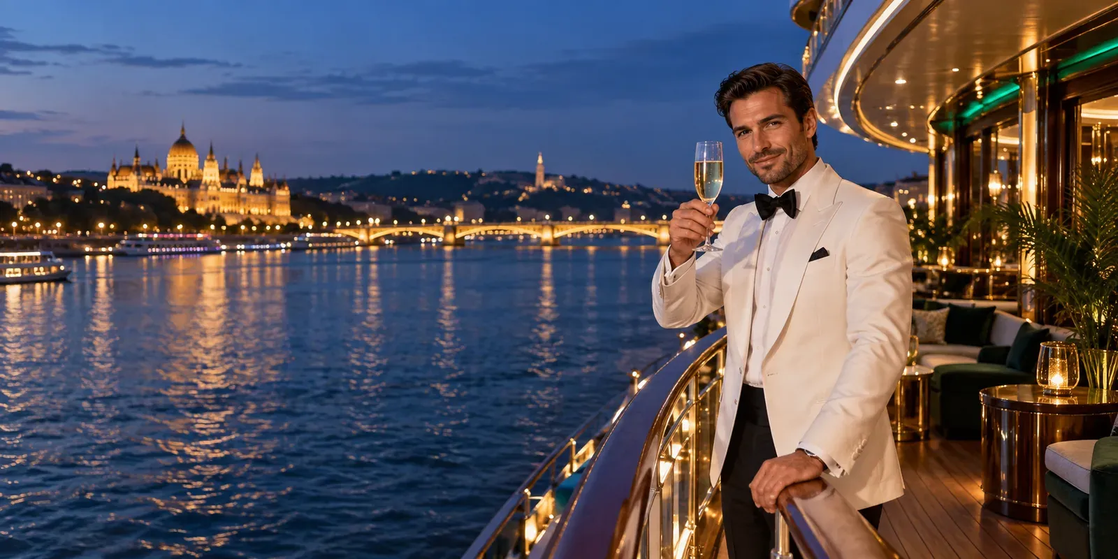 Man in a white dinner jacket raising a welcome glass of champagne on a riverboat deck, greeting new Here2Win Casino sign-ups