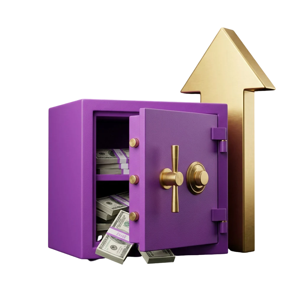 Purple safe with its door open, standing in for identity verification before a payout